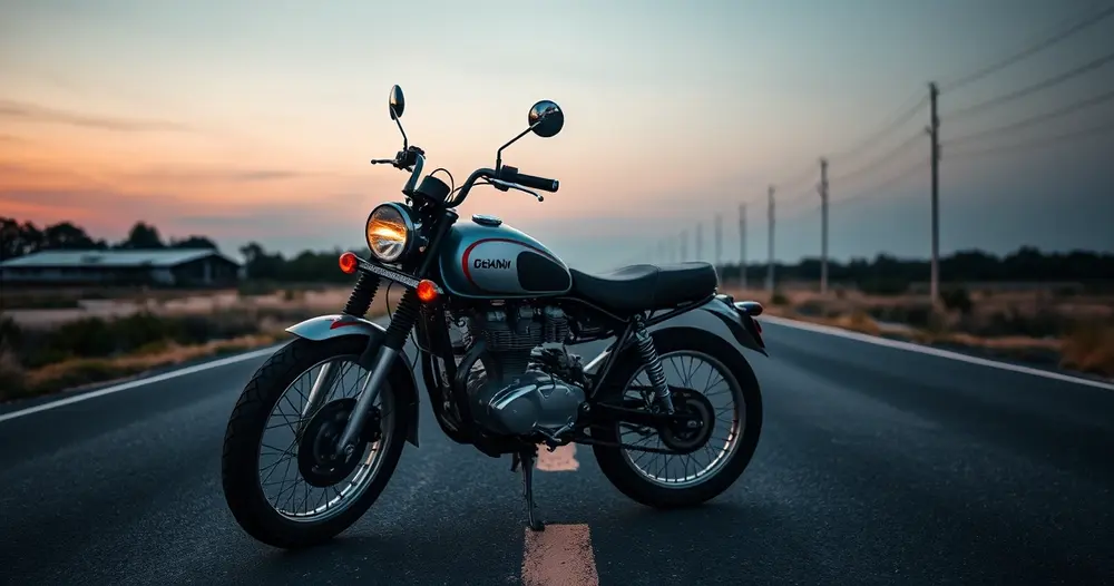 motocicleta antiga estacionada em estrada vazia ao entardecer