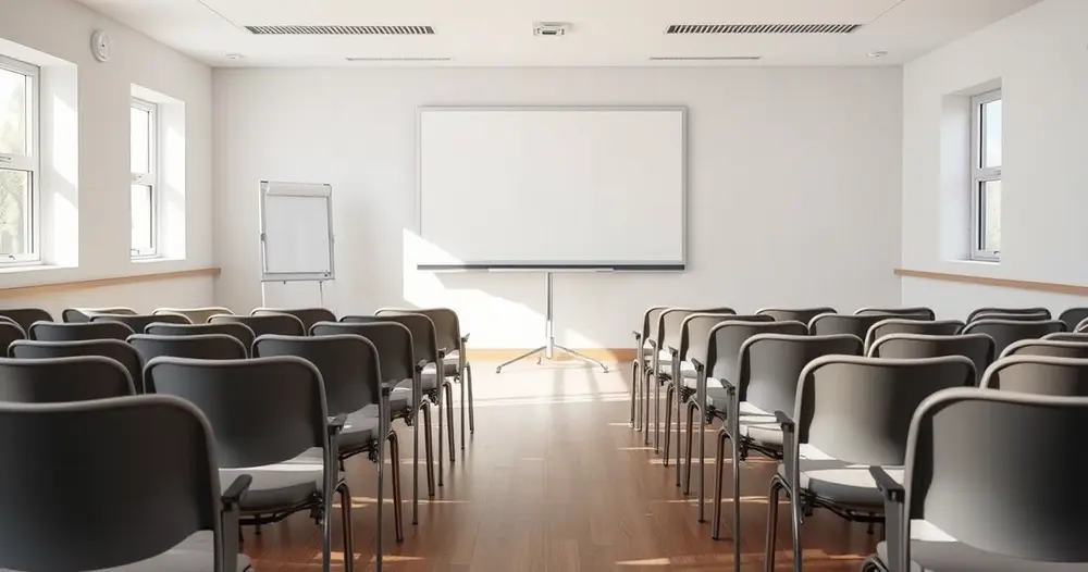 Sala de treinamento com cadeiras enfileiradas e um quadro branco sem escrita