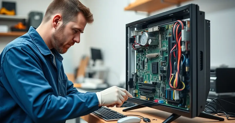 técnico reparando placa eletrônica de televisão em bancada