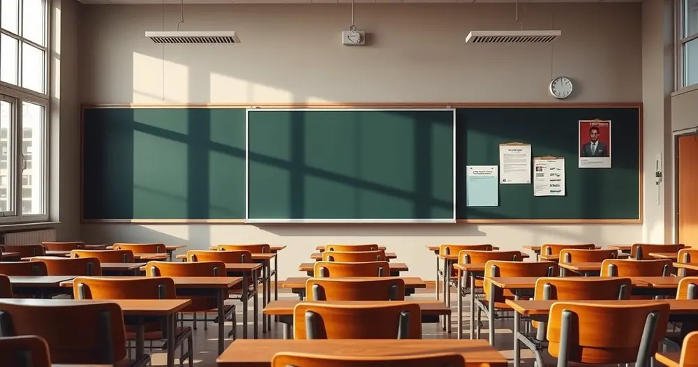 Sala de aula vazia com carteiras enfileiradas e quadro sem escrita ao fundo
