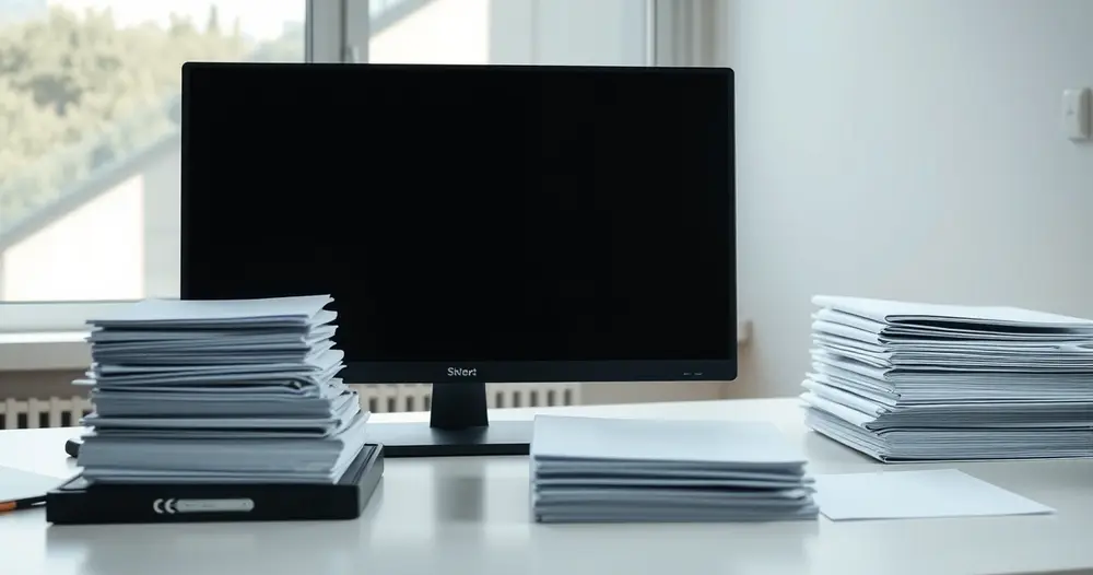 Mesa de escritório com monitor desligado, pastas e folhas em branco organizadas