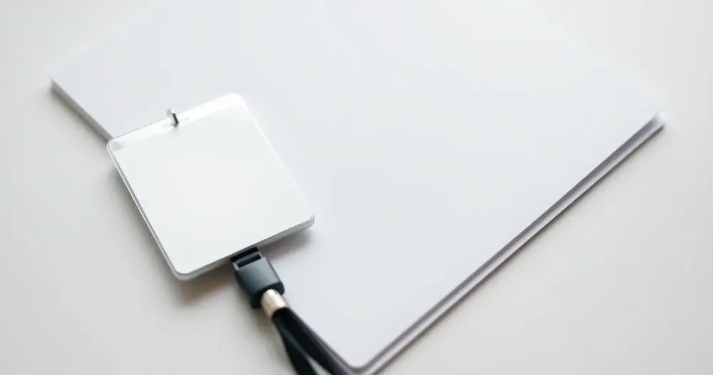 Crachá em branco e pasta de documentos sobre uma mesa de trabalho clara