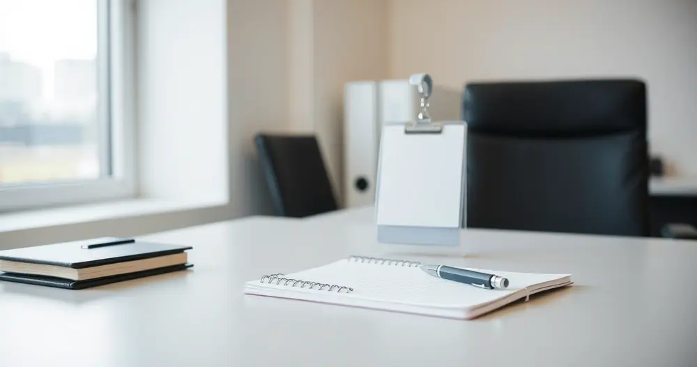 Mesa de escritório com crachá, caderno e caneta em ambiente de trabalho iluminado