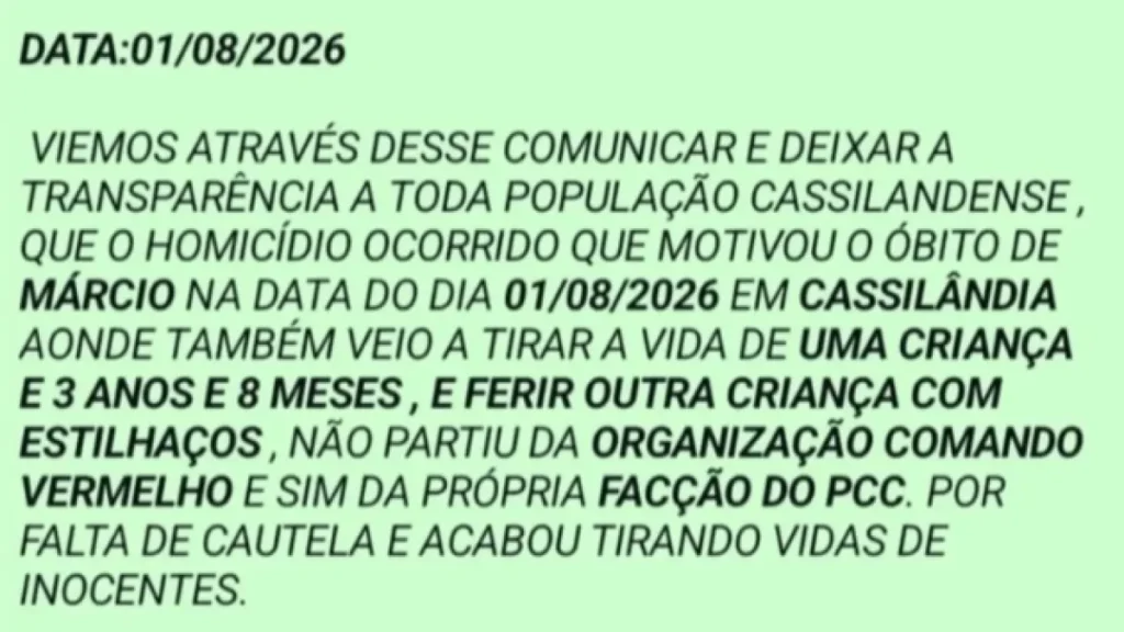 Comando Vermelho nega mortes e culpa PCC em Cassilândia