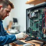 técnico reparando placa eletrônica de televisão em bancada